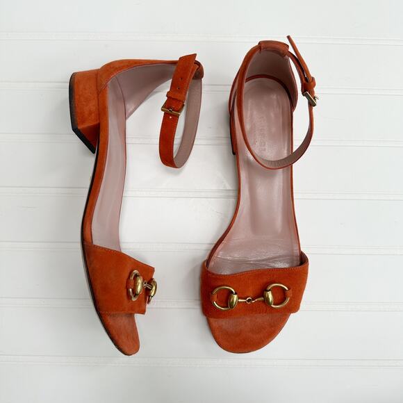 Gucci Horsebit Liliane Flat Suede Sandals Orange Gold Ankle Cuff Strap 37 - Picture 2 of 11